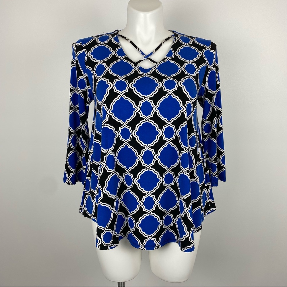 Chico’s Modern Montage Caged Top 3/4 Sleeve Geometric Blue, Black & White M